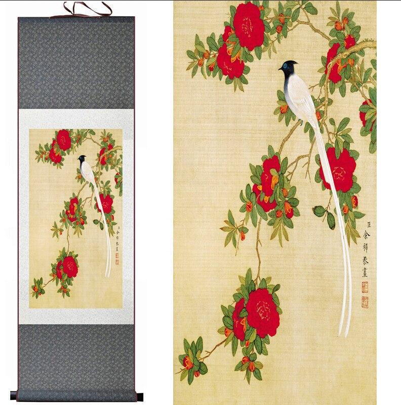 Chinese Scroll Painting Birds and Red flowers Painting Home Office Decoration Chinese scroll painting birds painting flower painting