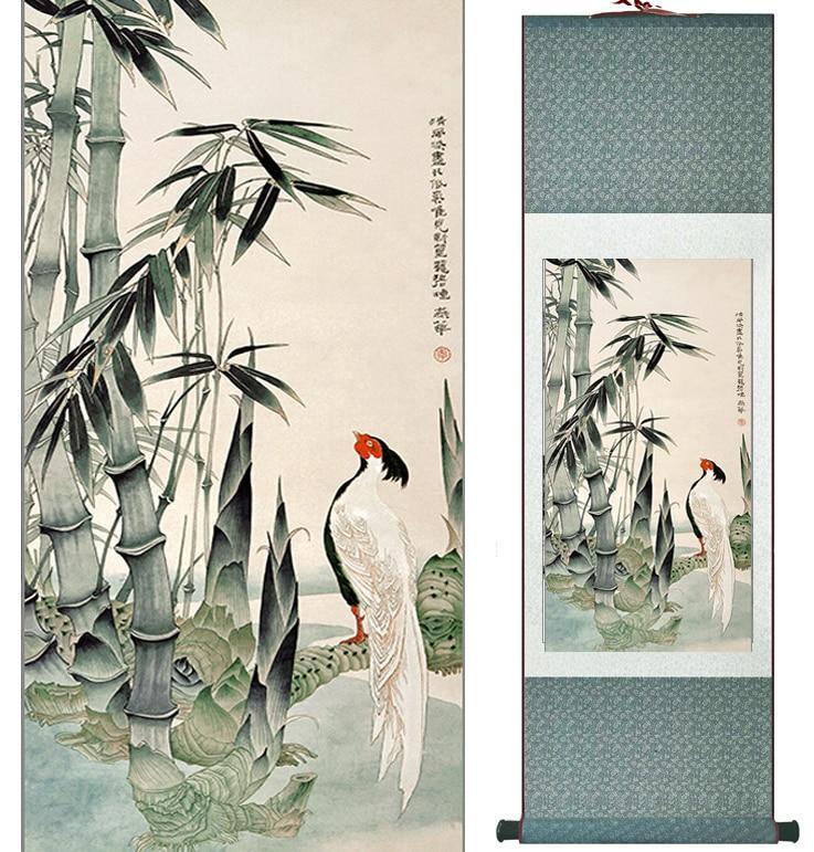 Chinese Scroll Painting Birds and bamboo painting Home Office Decoration Chinese scroll painting bamboo painting