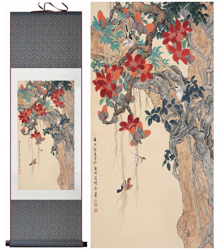 Chinese Scroll Painting Birds and flower painting silk scroll painting traditional birds and flower painting Chinese birds painting