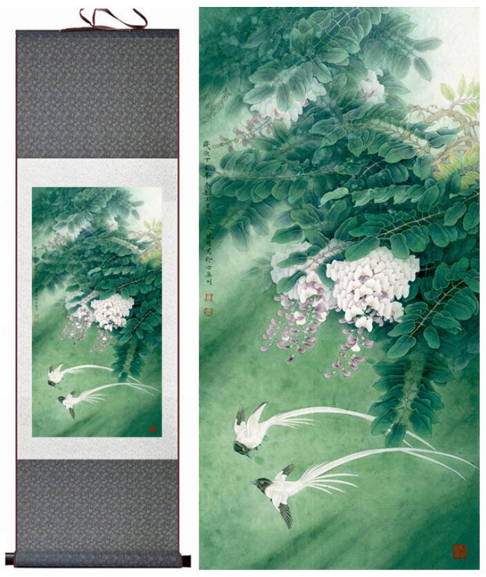 Chinese Scroll Painting Birds and flower painting silk scroll painting traditional birds and flower painting Chinese birds painting