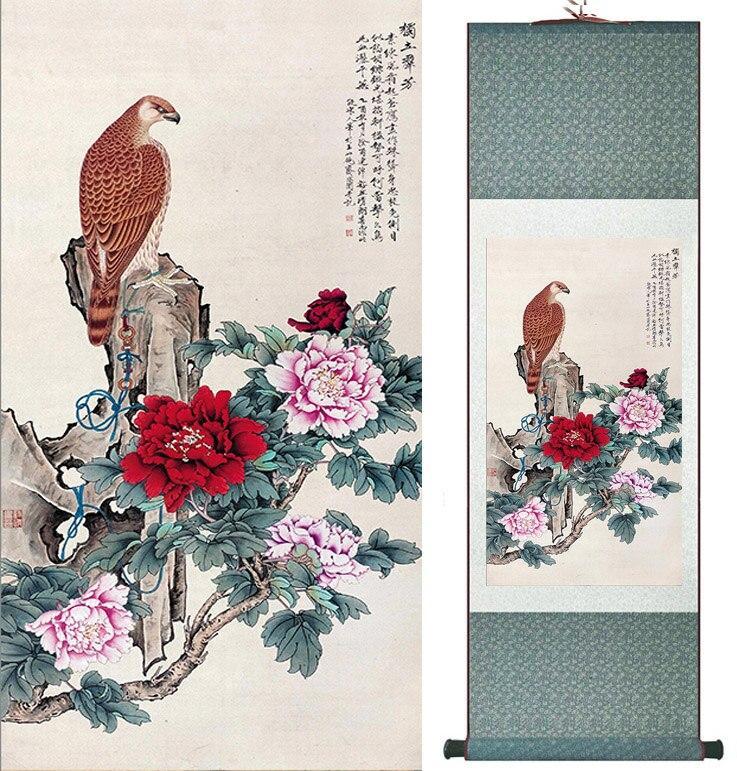 Chinese Scroll Painting Birds and peony flower painting Home Office Decoration Chinese scroll painting peony flower painting