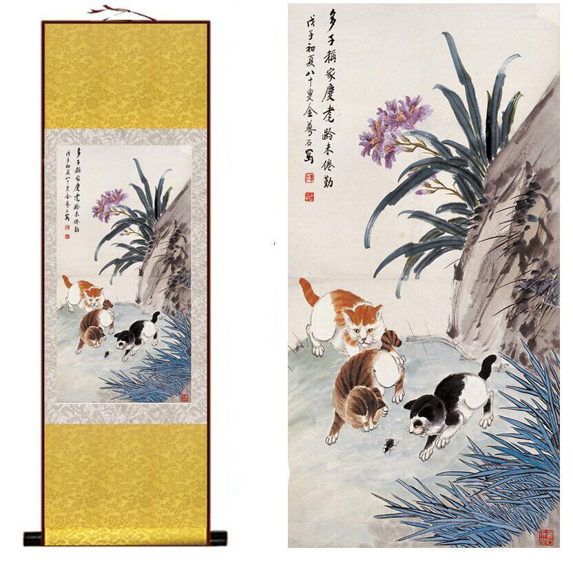 Chinese Scroll Painting Cat and flower silk art painting Chinese Art Painting Home Office Decoration Chinese Cat painting Chinese ink painting