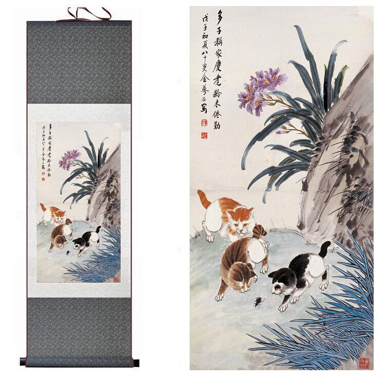 Chinese Scroll Painting Cat and flower silk art painting Chinese Art Painting Home Office Decoration Chinese Cat painting Chinese ink painting
