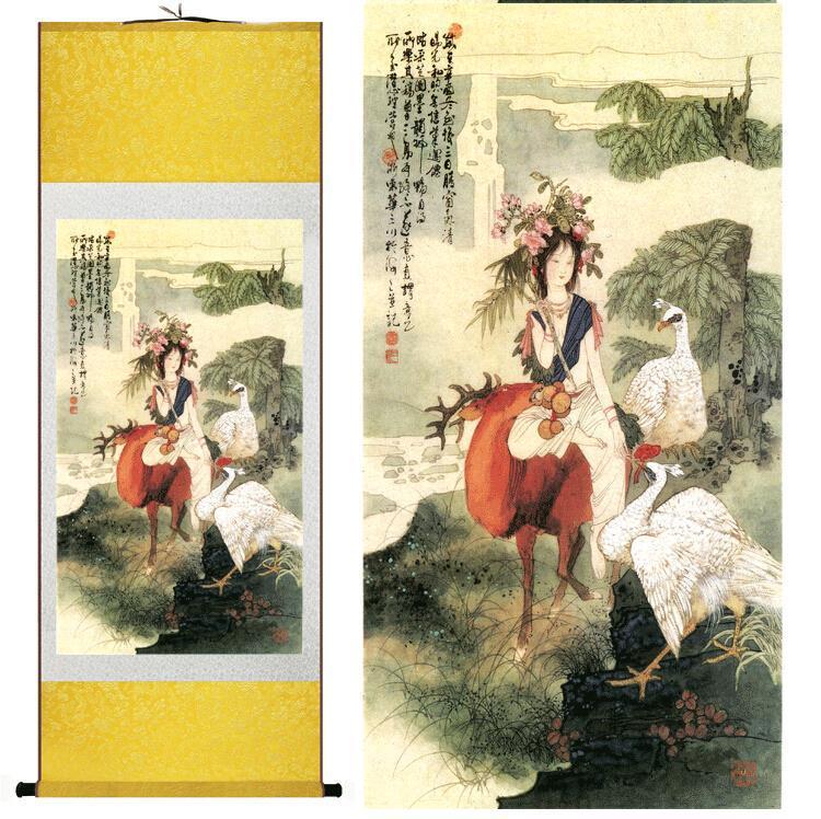 Chinese Scroll Painting Chinese Art Painting Home Office Decoration Chinese painting art figure painting Portrait of Flower-wearing Maids