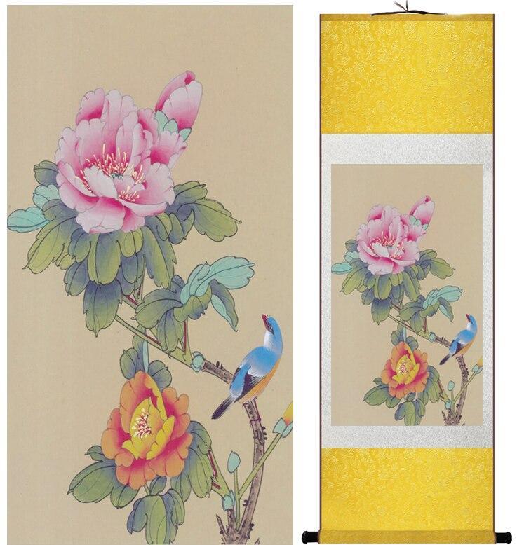 Chinese Scroll Painting Chinese ink painting Traditional Birds and flower Painting Spring Ink wash painting silk scroll birds and flower painting