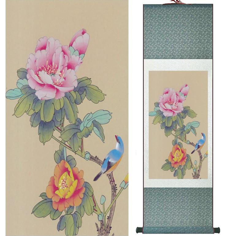 Chinese Scroll Painting Chinese ink painting Traditional Birds and flower Painting Spring Ink wash painting silk scroll birds and flower painting