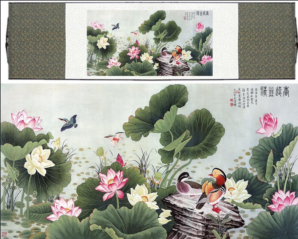 Chinese Scroll Painting Chinese traditional art painting birds in the water silk scroll painting