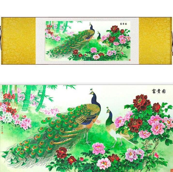 Chinese Scroll Painting Chinese traditional art painting birds in the water silk scroll painting peacock painting