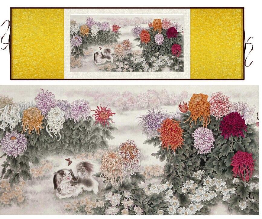 Chinese Scroll Painting Chinese traditional art painting flower and dog painting Ink wash painting