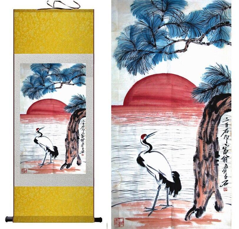 Chinese Scroll Painting Crane and pine painting Home Office Decoration Chinese scroll painting birds and tree painting crane and pine painting