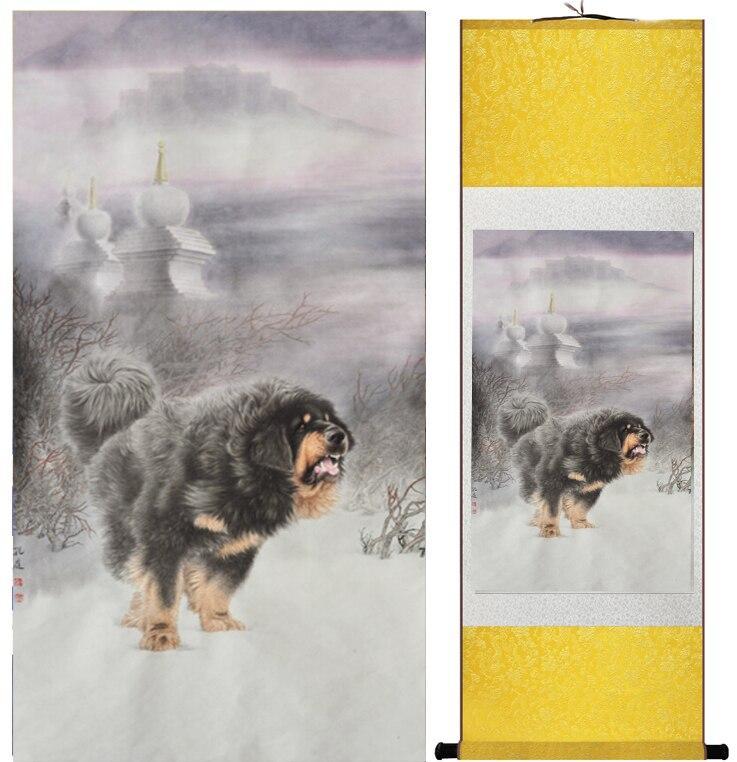 Chinese Scroll Painting Dog silk art painting Chinese Art Painting Home Office Decoration Chinese cute dog painting