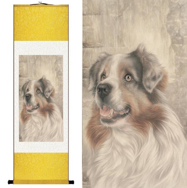 Chinese Scroll Painting Dog silk art painting Chinese Art Painting Home Office Decoration Chinese dog painting
