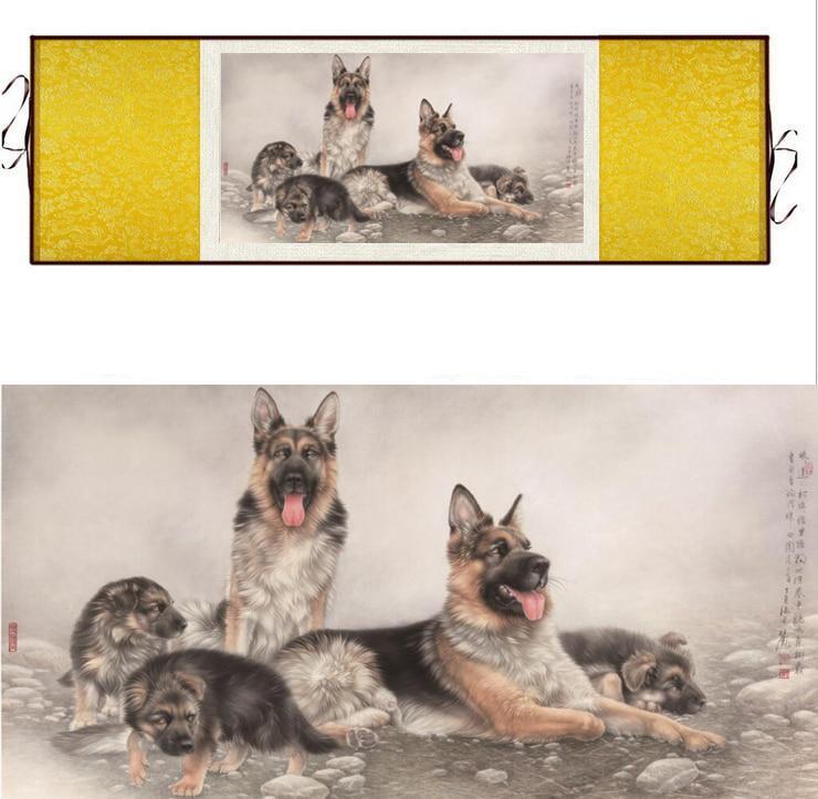 Chinese Scroll Painting Dog silk art painting Chinese Art Painting Home Office Decoration Chinese dog painting dog picture