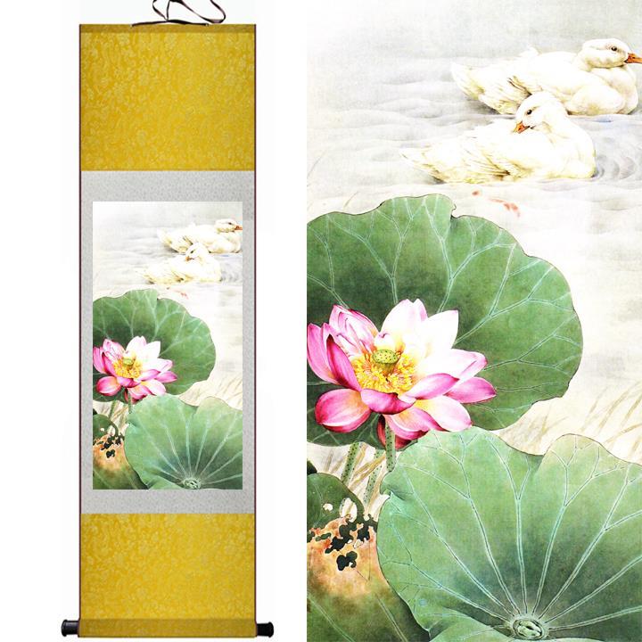 Chinese Scroll Painting Ducks and lotus flowers scroll painting landscape painting Chinese traditional art painting Lotus flowers painting