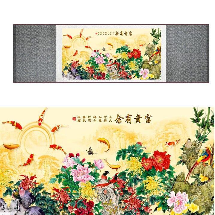 Chinese Scroll Painting Fish Silk painting traditional art Chinese fish and flower painting Chinese traditional picture