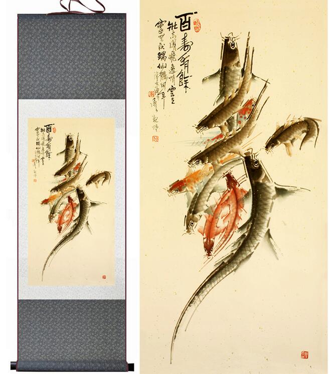 Chinese Scroll Painting Fish painting Silk painting traditional art Chinese painting longevity letter painting