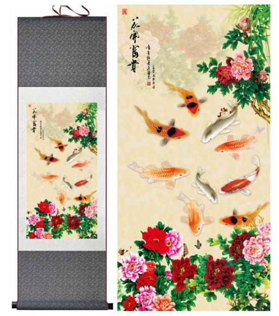 Chinese Scroll Painting Fish painting Silk painting traditional art Chinese painting nine fish playing art painting