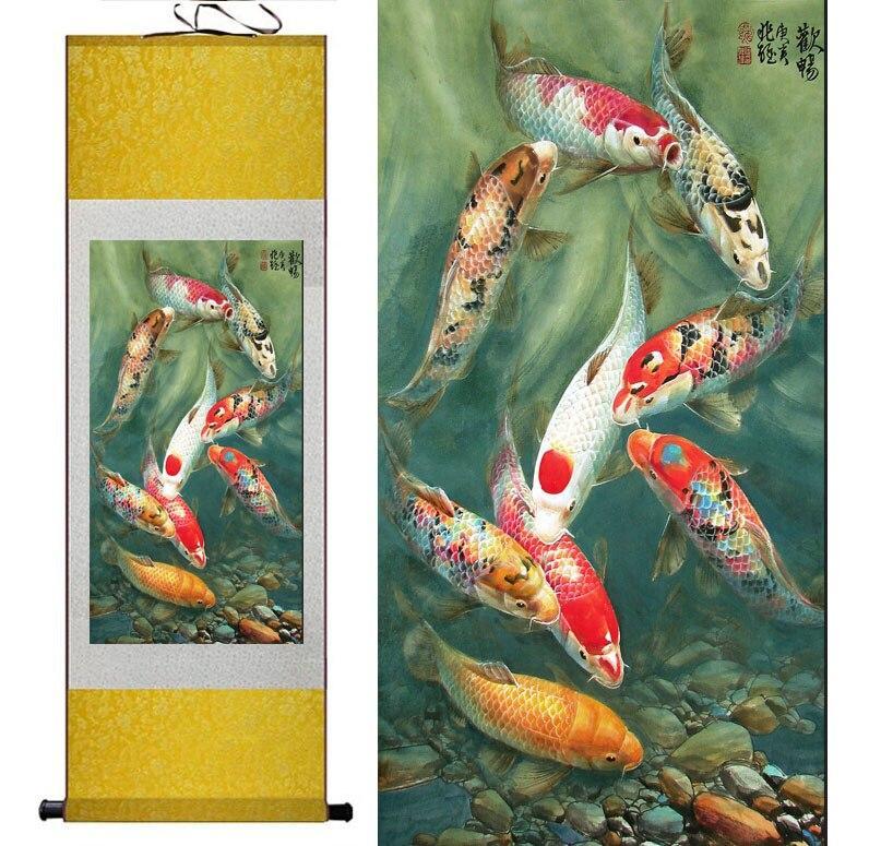 Chinese Scroll Painting Fish painting Silk scroll paintings traditional art Chinese painting