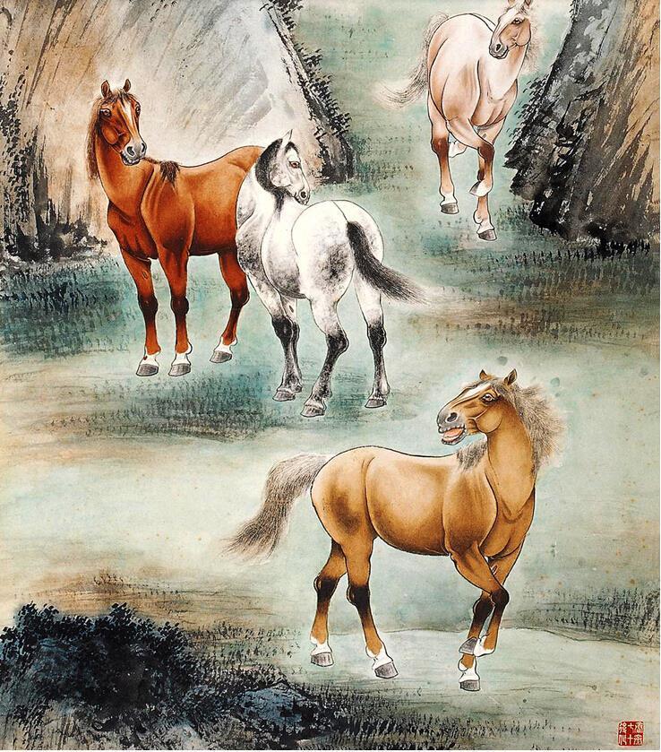 Chinese Scroll Painting Four horses traditional Chinese Art Painting Home Office Decoration Chinese painting