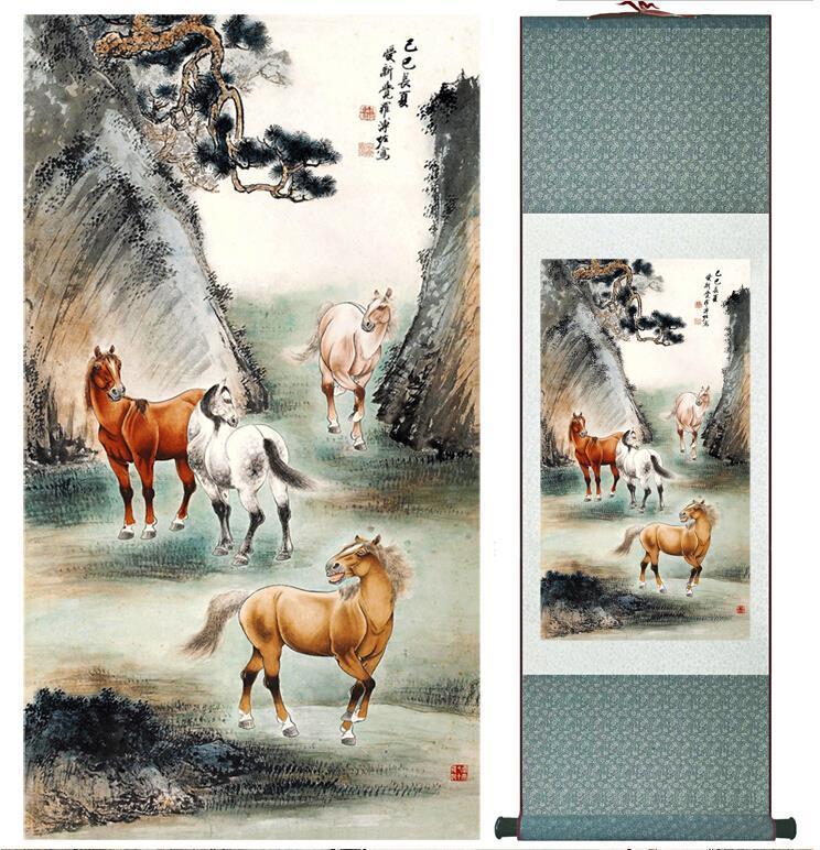 Chinese Scroll Painting Four horses traditional Chinese Art Painting Home Office Decoration Chinese painting