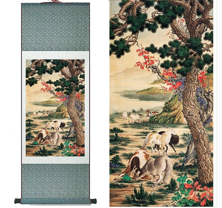 Chinese Scroll Painting Horse Traditional Chinese art painting Horse art painting Silk scroll art painting Horse playing picture