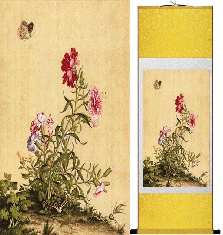 Chinese Scroll Painting LangShining ink painting Birds and flower Painting Spring Ink wash painting silk scroll birds and flower painting