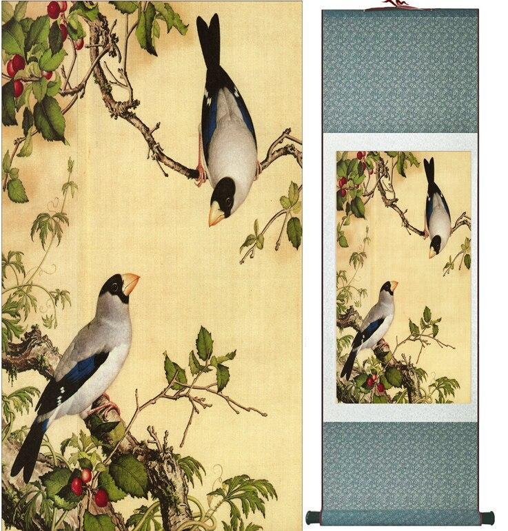 Chinese Scroll Painting LangShining ink painting Birds and flower Painting Spring Ink wash painting silk scroll birds and flower painting