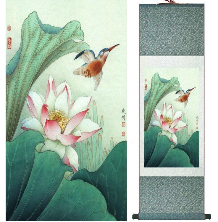 Chinese Scroll Painting Lotus and kingfisher painting Chinese wash painting home Office decoration