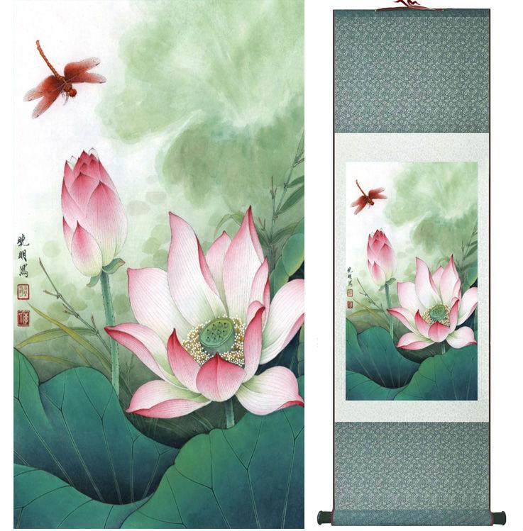 Chinese Scroll Painting Lotus flower painting water lily painting Chinese wash painting home decoration