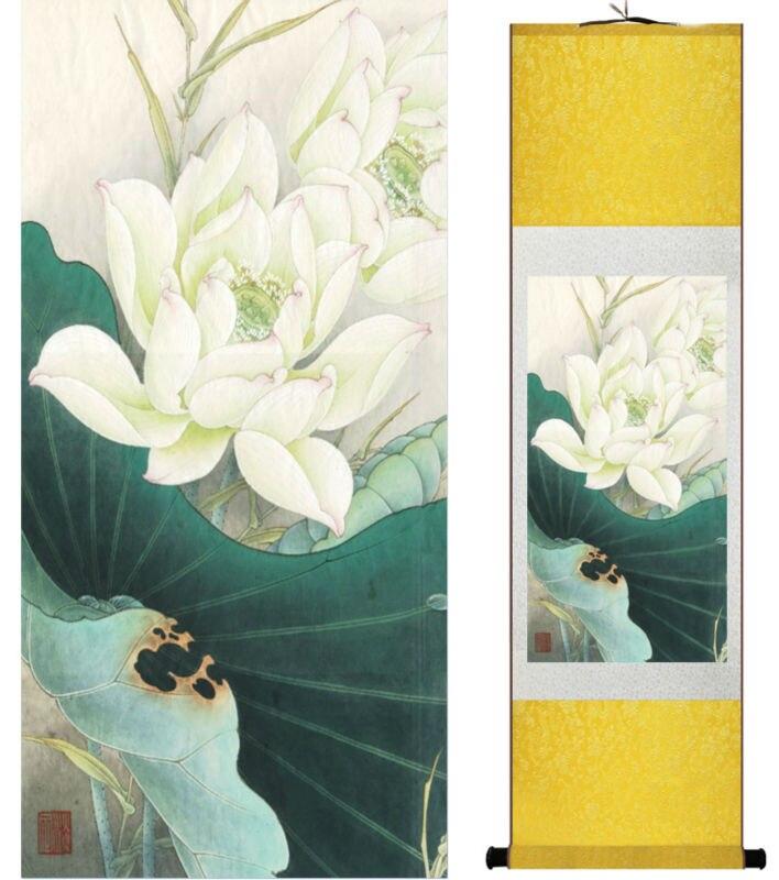 Chinese Scroll Painting Lotus flower silk scroll painting traditional birds and flower painting Chinese wash painting home decoration