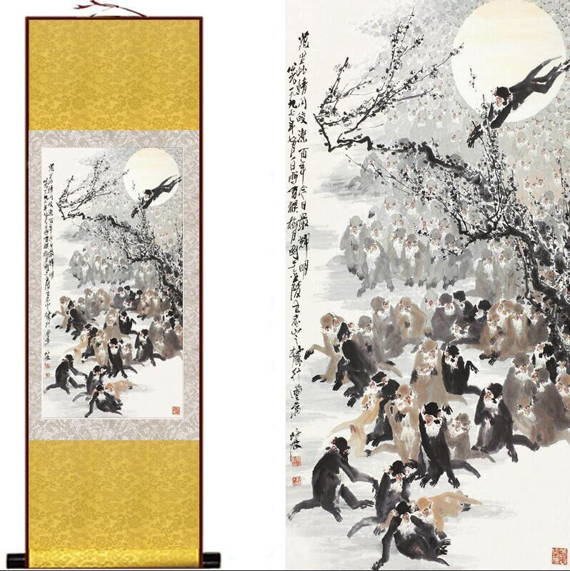 Chinese Scroll Painting Monkey silk art painting Chinese Art Painting Home Office Decoration Chinese Monkey painting Chinese ink painting
