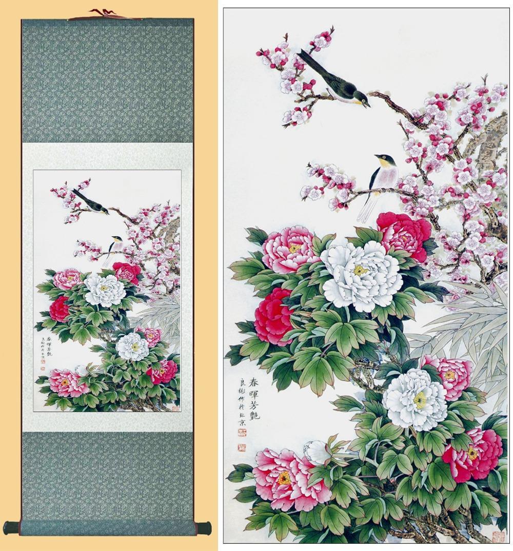 Chinese Scroll Painting Paeonia suffruticosa and birds Chinese Art Painting Home Office Decoration Chinese painting Mandarin ducks playing in the water