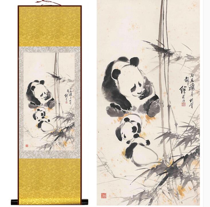 Chinese Scroll Painting Panda painting traditional Chinese Art Painting silk scroll panda art painting panda picture painting