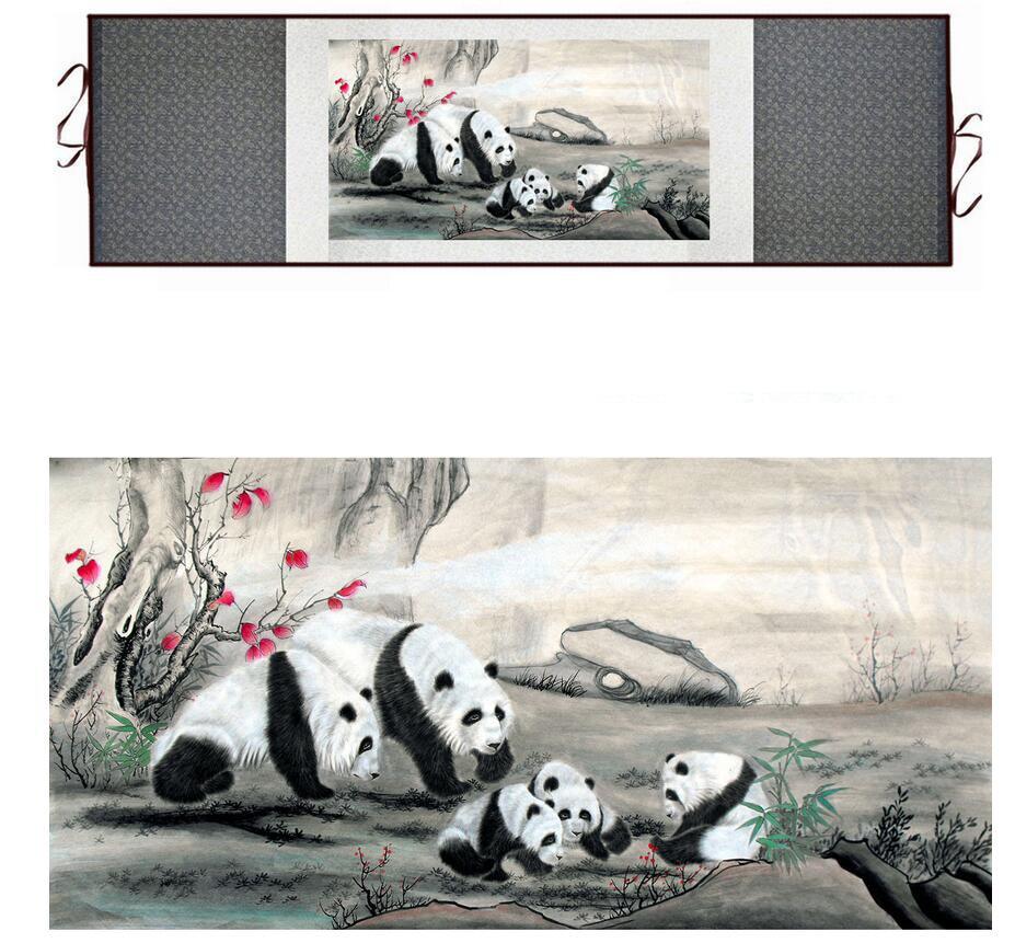 Chinese Scroll Painting Panda painting traditional Chinese Art Painting silk scroll panda art painting panda picture painting