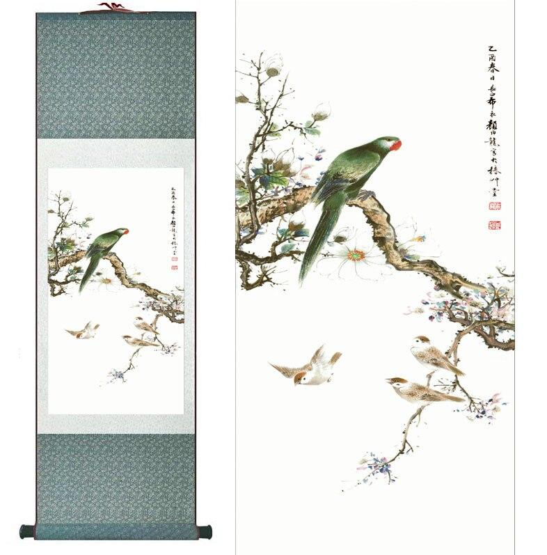 Chinese Scroll Painting Parrot Painting Home Office Decoration Chinese scroll painting birds painting birds on the tree painting