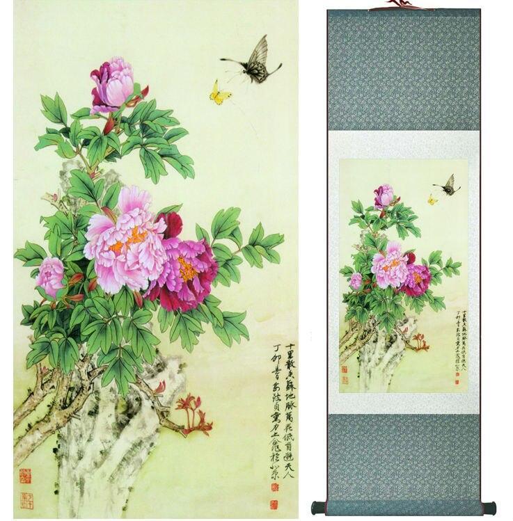 Chinese Scroll Painting Peony flower and butterfly Painting home office decoration painting home picture Chinese ink painting
