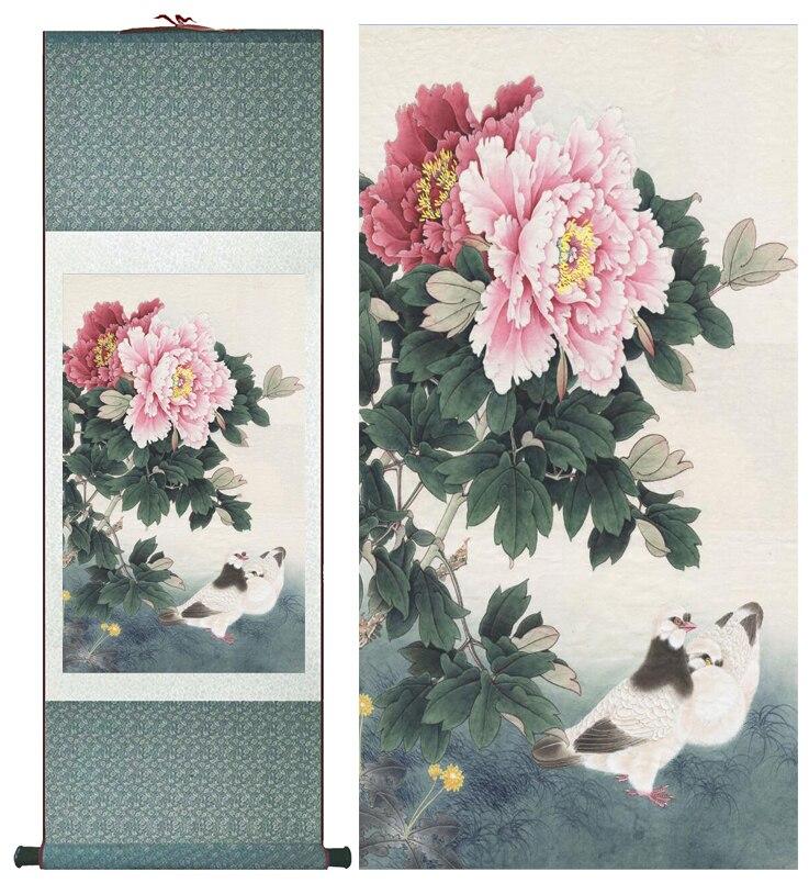 Chinese Scroll Painting Peony flower and dove painting silk scroll painting traditional birds and flower painting
