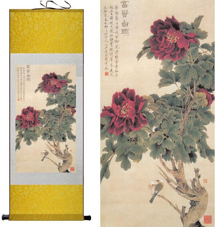 Chinese Scroll Painting Peony flowers Painting Home Office Decoration Chinese scroll painting birds painting birds and flower painting
