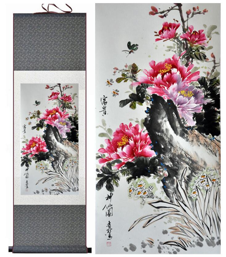 Chinese Scroll Painting Peony flowers painting silk scroll painting traditional birds and flower painting Peony picture painting