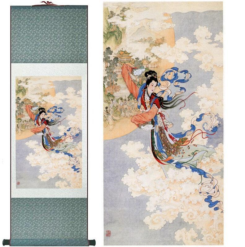 Chinese Scroll Painting Pretty girl painting Home Office Decoration beautifull woman painting Chang'e 's Flying Toward the Moon