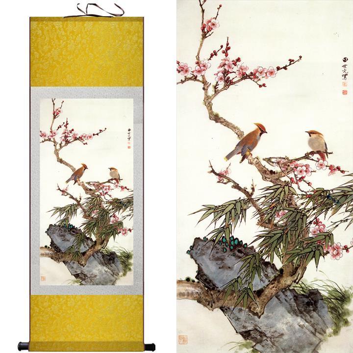 Chinese Scroll Painting Silk painting Birds and flowers traditional art painting Chinese national art paintings