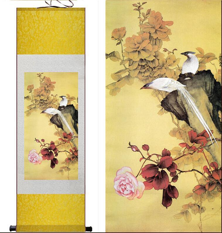 Chinese Scroll Painting Silk painting birds and flowers traditional Chinese Art Painting Home Office Decoration Chinese painting