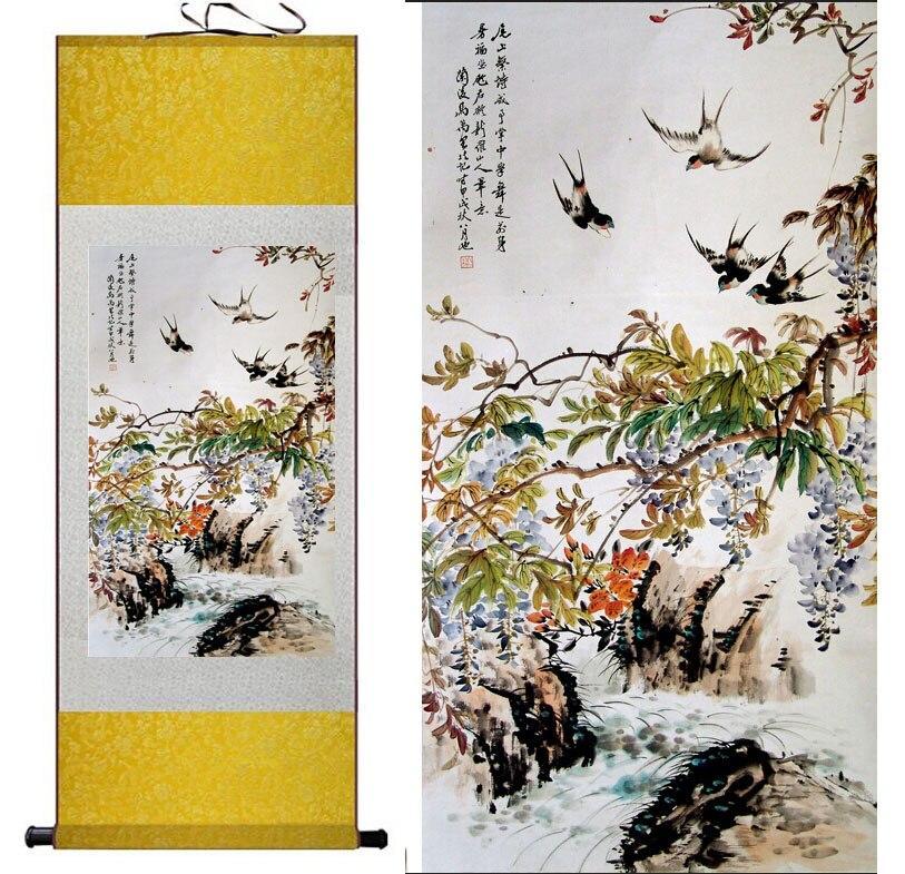 Chinese Scroll Painting Spring painting Home Office Decoration Chinese scroll painting birds and tree painting swallow painting