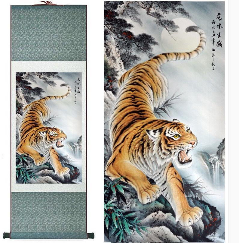 Chinese Scroll Painting Tiger painting traditional Chinese Art Painting Home Office Decoration silk scroll art tiger painting