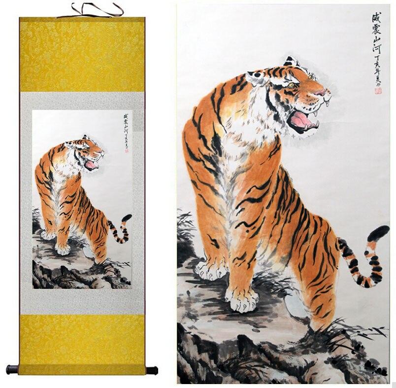 Chinese Scroll Painting Tiger silk art painting Chinese Art Painting Home Office Decoration Chinese tiger painting Tigers