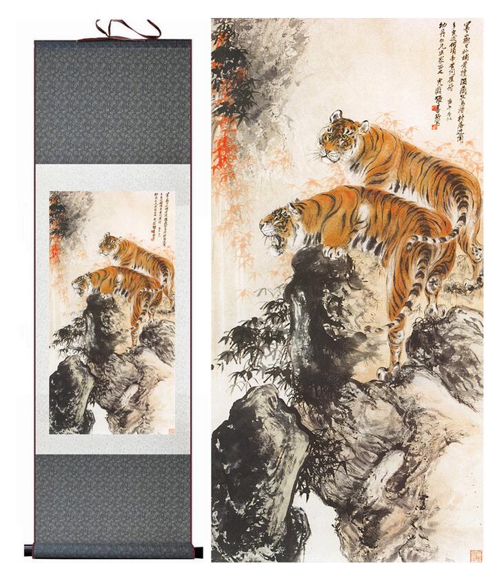 Chinese Scroll Painting Tiger silk art painting Chinese Art Painting Home Office Decoration Chinese tiger painting