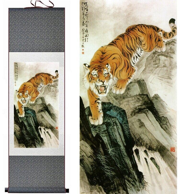 Chinese Scroll Painting Tiger silk art painting Chinese Art Painting Home Office Decoration Chinese tiger painting