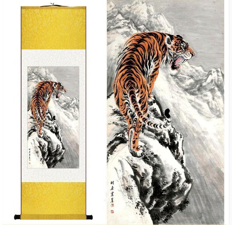 Chinese Scroll Painting Tiger silk art painting Chinese Art Painting Home Office Decoration Chinese tiger picture
