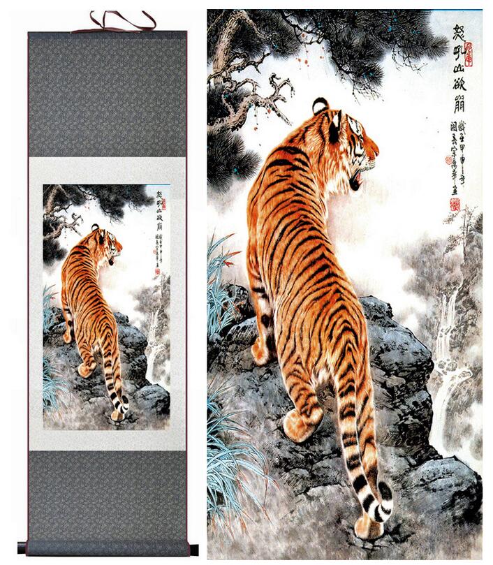 Chinese Scroll Painting Tiger silk art painting Chinese Art Painting Home Office Decoration Chinese tiger picture painting