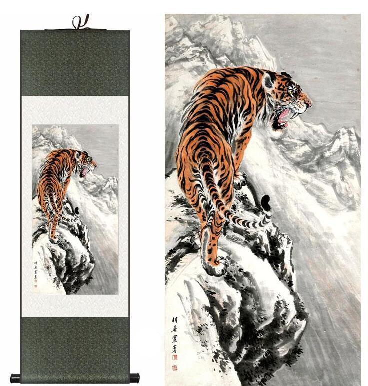 Chinese Scroll Painting Tiger silk art painting Chinese Art Painting Home Office Decoration Chinese tiger picture